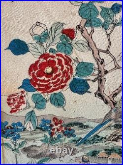 Antique Edo Japanese Woodblock Print Birds Flowers Camellias River Scene