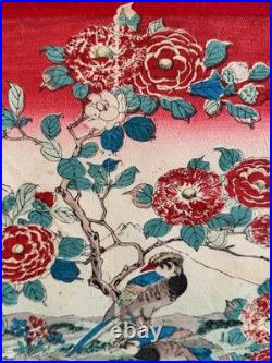 Antique Edo Japanese Woodblock Print Birds Flowers Camellias River Scene