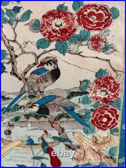 Antique Edo Japanese Woodblock Print Birds Flowers Camellias River Scene