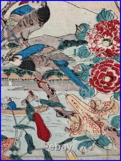 Antique Edo Japanese Woodblock Print Birds Flowers Camellias River Scene