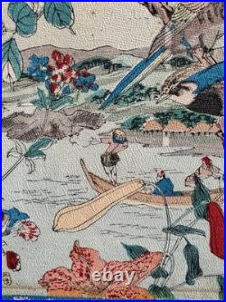 Antique Edo Japanese Woodblock Print Birds Flowers Camellias River Scene