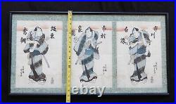 Antique Framed Japanese Meiji Period Samuria Triptych Woodblock Print Framed