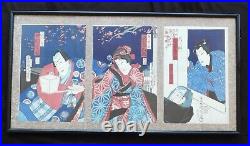 Antique Framed Japanese Toyohara Kunichika Triptych Woodblock Print Framed