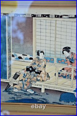 Antique Geisha Girls Woodblock Print Authentic- Framed 23x18 framed