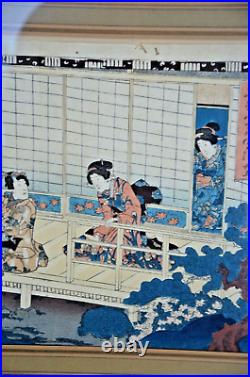 Antique Geisha Girls Woodblock Print Authentic- Framed 23x18 framed