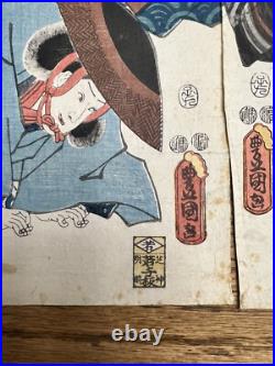 Antique Japanese 3 panel Woodblock Print Actors by Utagawa Kunisada 1852