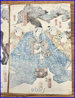 Antique Japanese 3 panel Woodblock Print Actors by Utagawa Kunisada 1852