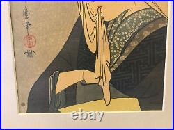 Antique Japanese Kitagawa Utamaro Woodblock Print Woman Towel Headdress in Teeth