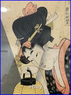 Antique Japanese Kitagawa Utamaro Woodblock Print Woman with Lantern