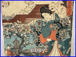 Antique Japanese Kunisada / Toyokuni III Woodblock Print Women in Landscape