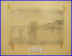 Antique Japanese Original Woodblock Print Asian Art Seascape Boats at Sea