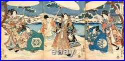 Antique Japanese Original Woodblock Print Triptych by Kunisada II Snow c. 1852