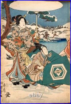 Antique Japanese Original Woodblock Print Triptych by Kunisada II Snow c. 1852