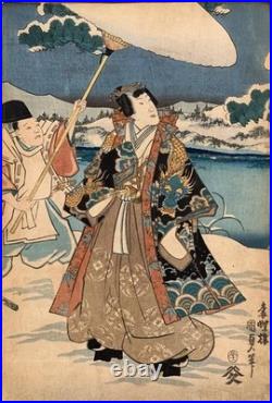 Antique Japanese Original Woodblock Print Triptych by Kunisada II Snow c. 1852