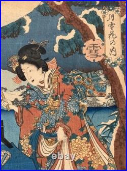 Antique Japanese Original Woodblock Print Triptych by Kunisada II Snow c. 1852