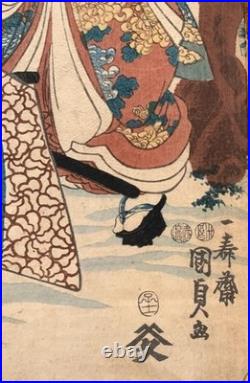 Antique Japanese Original Woodblock Print Triptych by Kunisada II Snow c. 1852