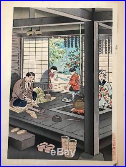 Antique Japanese Original woodblock print Happy Family Meiji period with seal