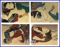 Antique Japanese Shunga Erotic Woodblock Print Set of 4