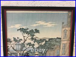 Antique Japanese Signed Woodblock Print Man Woman & Young Boy Child in Landscape