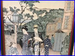 Antique Japanese Signed Woodblock Print Man Woman & Young Boy Child in Landscape