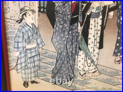 Antique Japanese Signed Woodblock Print Man Woman & Young Boy Child in Landscape
