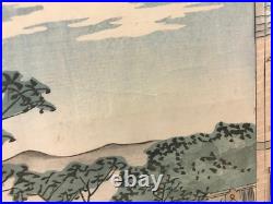Antique Japanese Signed Woodblock Print Man Woman & Young Boy Child in Landscape