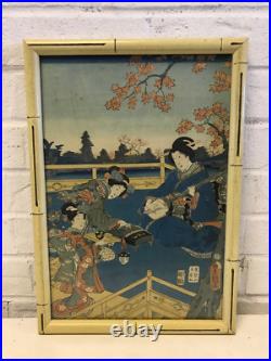 Antique Japanese Toyokuni III Kunisada Woodblock Print Women Playing Instruments