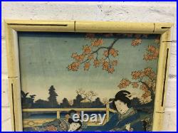 Antique Japanese Toyokuni III Kunisada Woodblock Print Women Playing Instruments