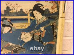 Antique Japanese Toyokuni III Kunisada Woodblock Print Women Playing Instruments