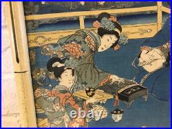Antique Japanese Toyokuni III Kunisada Woodblock Print Women Playing Instruments