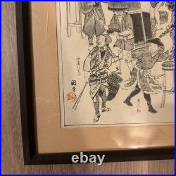 Antique Japanese Ukiyo-e Woodblock Print Comic Scenes Edo Period Framed
