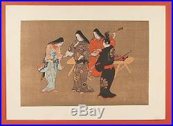 Antique Japanese Ukiyo-e Woodblock Print Musicians Framed & Matte Art