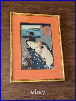Antique Japanese Utagawa Kuniyoshi Woodblock Print Woman Playing with a Cat
