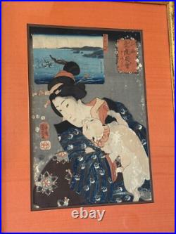 Antique Japanese Utagawa Kuniyoshi Woodblock Print Woman Playing with a Cat