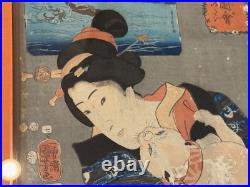 Antique Japanese Utagawa Kuniyoshi Woodblock Print Woman Playing with a Cat