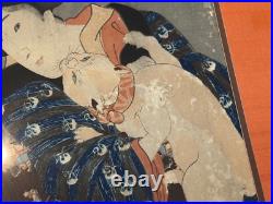 Antique Japanese Utagawa Kuniyoshi Woodblock Print Woman Playing with a Cat