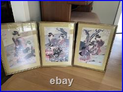 Antique Japanese Woodblock 3 Prints Ukiyo-e Triptych Matted & Framed