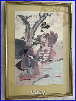 Antique Japanese Woodblock 3 Prints Ukiyo-e Triptych Matted & Framed