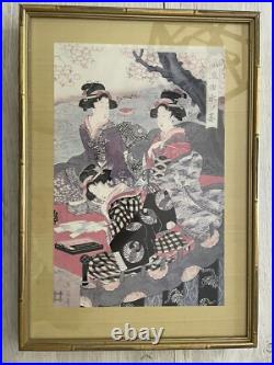 Antique Japanese Woodblock 3 Prints Ukiyo-e Triptych Matted & Framed