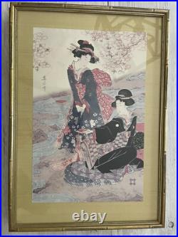 Antique Japanese Woodblock 3 Prints Ukiyo-e Triptych Matted & Framed
