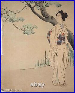 Antique Japanese Woodblock Mizuno Toshikata Geisha with Irises