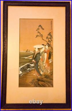 Antique Japanese Woodblock Print Beauties on Beach by Kitagawa Fujimaro c. 1820s