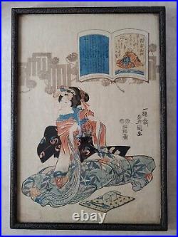 Antique Japanese Woodblock Print Geisha with Origami by Utagawa Toyokuni II