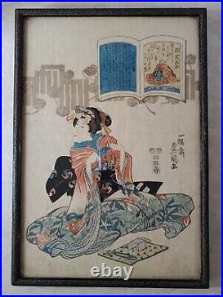 Antique Japanese Woodblock Print Geisha with Origami by Utagawa Toyokuni II