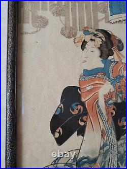 Antique Japanese Woodblock Print Geisha with Origami by Utagawa Toyokuni II