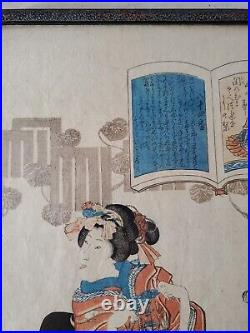 Antique Japanese Woodblock Print Geisha with Origami by Utagawa Toyokuni II