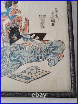 Antique Japanese Woodblock Print Geisha with Origami by Utagawa Toyokuni II