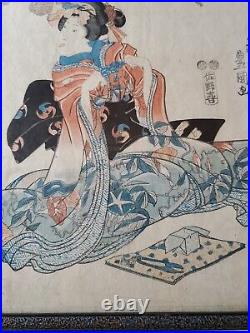 Antique Japanese Woodblock Print Geisha with Origami by Utagawa Toyokuni II