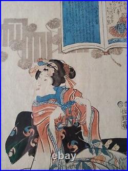 Antique Japanese Woodblock Print Geisha with Origami by Utagawa Toyokuni II