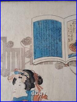 Antique Japanese Woodblock Print Geisha with Origami by Utagawa Toyokuni II